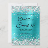 シルバー グリッター シャイニー ターコイズ ブルー フォイル スウィート16 招待状 (正面)