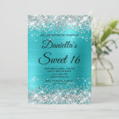 シルバー グリッター シャイニー ターコイズ ブルー フォイル スウィート16 招待状 (スタンド正面)