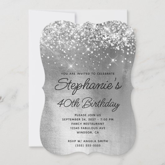 シルバー グリッター シャイニー フォイル モノグラム 40歳の誕生日 招待状 (正面)