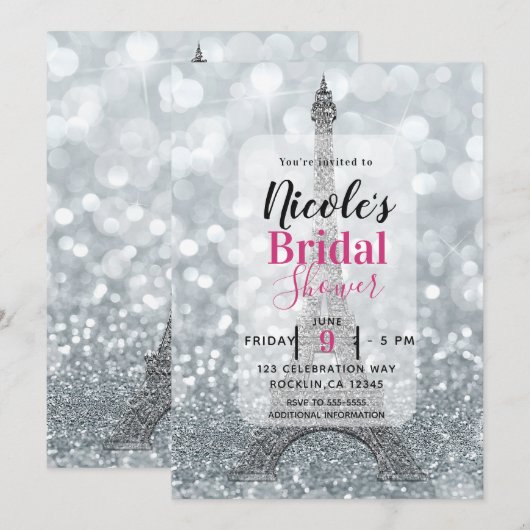 シルバー グリッター スパークル エッフェル塔 ブライダルシャワー 招待状 (正面/裏面)