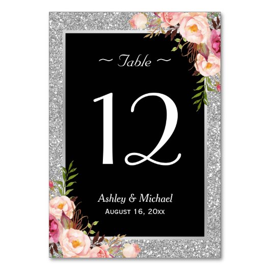 シルバー グリッター スパークル フラワー ウェディング テーブル ナンバー テーブルナンバー (正面)