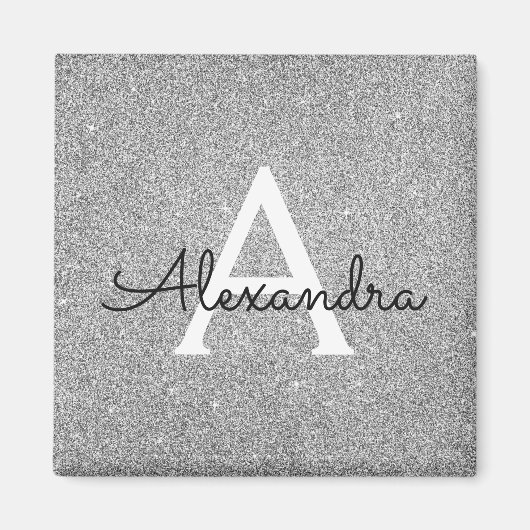 シルバー グリッター & スパークル モノグラム 誕生日 マグネット (正面)