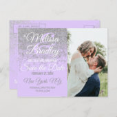 シルバー グリッター スパークル ラベンダー パープル セーブ デート 案内ポストカード (正面/裏面)