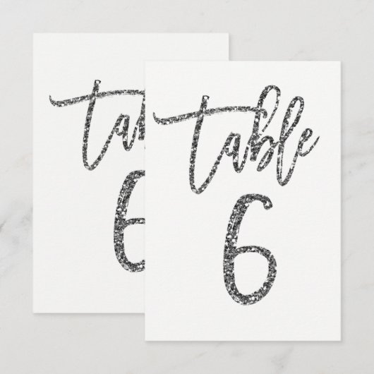 シルバー グリッター トレンディ モダン スクリプト テーブル ナンバー 6 招待状 (正面/裏面)
