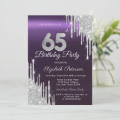 シルバー グリッター ドリップス ダーク パープル 65歳の誕生日 招待状 (スタンド正面)