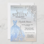 シルバー グリッター ドリップス、ドレス、エッフェル タワー スウィート 16 招待状 (正面)