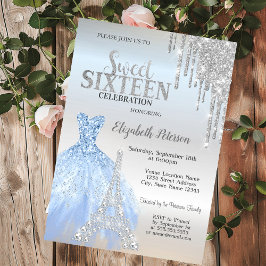 シルバー グリッター ドリップス、ドレス、エッフェル タワー スウィート 16 招待状