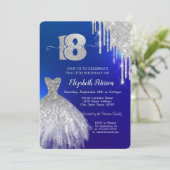 シルバー グリッター ドリップス、ドレス ブルー 18歳の誕生日 招待状 (スタンド正面)
