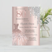 シルバー グリッター ドリップス、ドレス ローズゴールド 80歳の誕生日 招待状 (スタンド正面)
