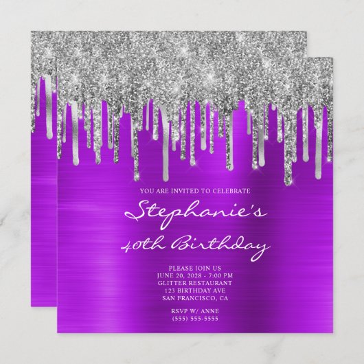 シルバー グリッター ドリップス バイオレット フォイル 40歳の誕生日 招待状 (正面/裏面)