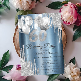 シルバー グリッター ドリップス バルーンズ ブルー メタリック 60th 招待状