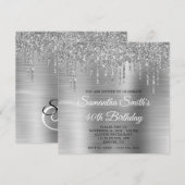 シルバー グリッター ドリップス & フォイル 40歳の誕生日 招待状 (正面/裏面)