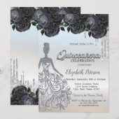 シルバー グリッター ドリップス ブラック ローズ スイート 16 招待状 (正面/裏面)