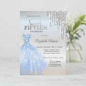 シルバー グリッター ドリップス、ブルー ドレス シルバー スウィート 15 招待状 (スタンド正面)