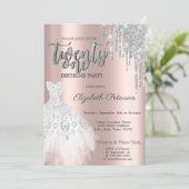シルバー グリッター ドリップス、ホワイトドレス 21歳の誕生日 招待状 (スタンド正面)