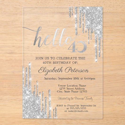 シルバー グリッター ドリップス ローズゴールド 40歳の誕生日 アクリル招待状 (正面)