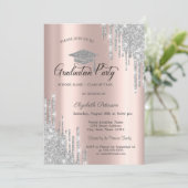 シルバー グリッター ドリップス、ローズ ゴールド 卒業 招待状 (スタンド正面)