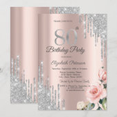 シルバー グリッター ドリップス ローズ ローズゴールド 80th 招待状 (正面/裏面)