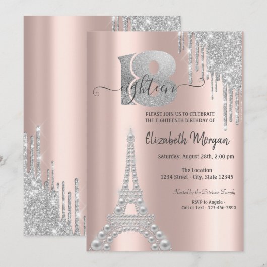 シルバー グリッター ドリップ エッフェル塔 18歳の誕生日 招待状 (正面/裏面)