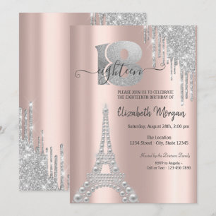 シルバー グリッター ドリップ エッフェル塔 18歳の誕生日 招待状