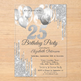 シルバー グリッター ドリップ バルーン ブルー メタリック 25th アクリル招待状