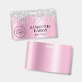 シルバー グリッター ドリップ ピンク シマー バッジ (正面&裏面)