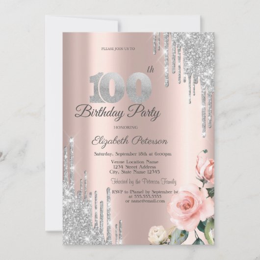 シルバー グリッター ドリップ ローズ ローズゴールド 100th 招待状 (正面)