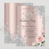シルバー グリッター ドリップ ローズ ローズゴールド 30th 招待状 (正面/裏面)