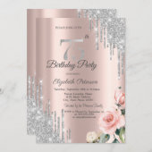 シルバー グリッター ドリップ ローズ ローズゴールド 75th 招待状 (正面/裏面)