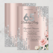 シルバー グリッター ドリップ ローズ ローズ ゴールド 65th 招待状 (正面/裏面)