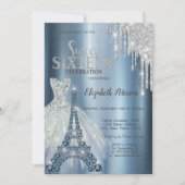 シルバー グリッター ドリップ、青いドレス エッフェル塔 招待状 (正面)
