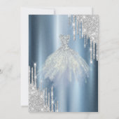 シルバー グリッター ドリップ、青いドレス エッフェル塔 招待状 (裏面)