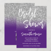 シルバー グリッター パープル オンブレ QR コード ブライダル シャワー 招待状 (正面/裏面)