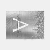 シルバー グリッター ブラシ メタル モノグラム 名前 フリースブランケット (正面(横))