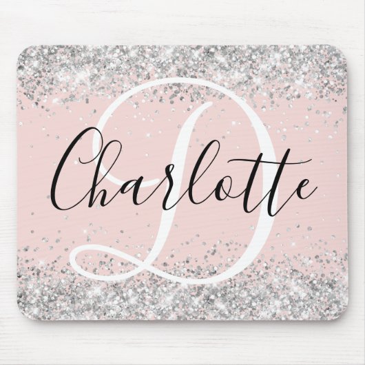 シルバー グリッター ブラッシュ ブラック＆ホワイト モノグラム マウスパッド (正面)