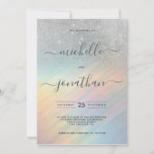 シルバー グリッター レインボー ホログラフィック ウェディング 招待状 (正面)