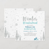 シルバー グリーン ウィンター ワンダーランドの男の子の誕生日パーティー 招待状 (正面/裏面)