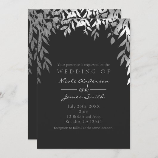 シルバー&グレイモダンム植物学葉の結婚ズ 招待状 (正面/裏面)