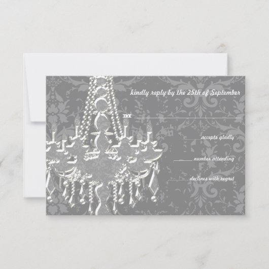 シルバー&グレーシャンデリアダマスクウェディングRSVP 出欠カード (正面)