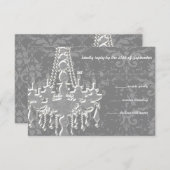 シルバー&グレーシャンデリアダマスクウェディングRSVP 出欠カード (正面/裏面)