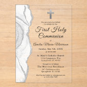 シルバー グレー ホワイト アゲート 初めての聖体拝領 女の子 アクリル招待状 (正面)