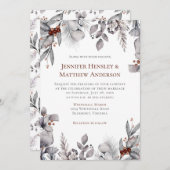 シルバー、グレー、錆びた茶色のフレーム冬の結婚式 招待状 (正面/裏面)