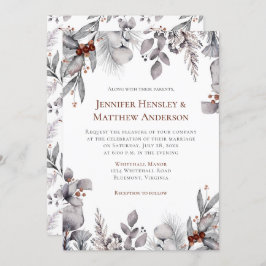 シルバー、グレー、錆びた茶色のフレーム冬の結婚式 招待状