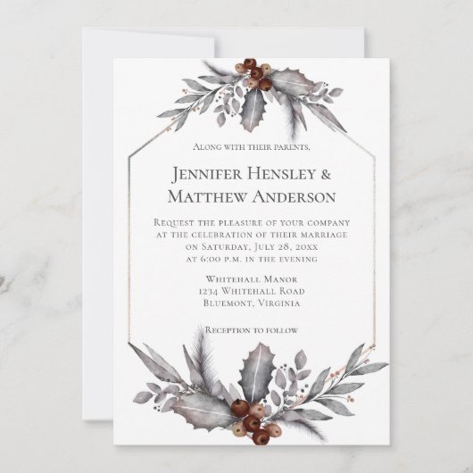 シルバー、グレー、錆びた茶色の冬の結婚式の招待 招待状 (正面)