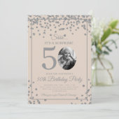 シルバー+コットン+ビジュー+50歳+誕生日 招待状 (スタンド正面)