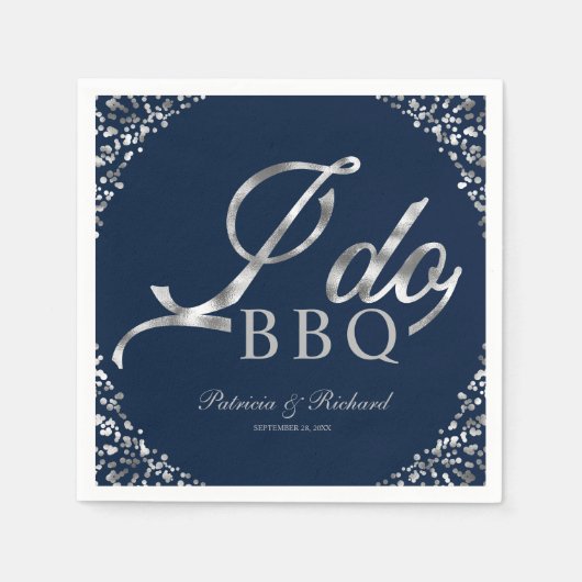 シルバー・コンフェッティ ネイビー I Do BBQ 結婚式前パーティー スタンダードカクテルナプキン (正面)