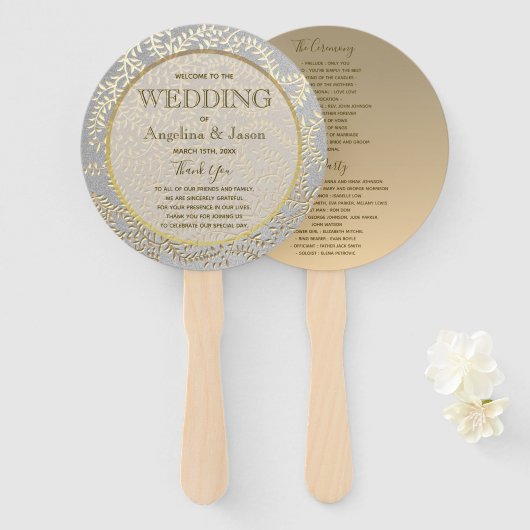シルバー＆ゴールドの結婚式プログラム ハンドファン (正面&裏面)