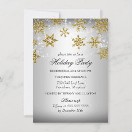 シルバー＆ゴールドの雪の結晶クリスマスホリデーパーティー 招待状