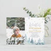 シルバー&ゴールド ウィンター ワンダーランド 男の子 1歳誕生日 招待状 (スタンド正面)