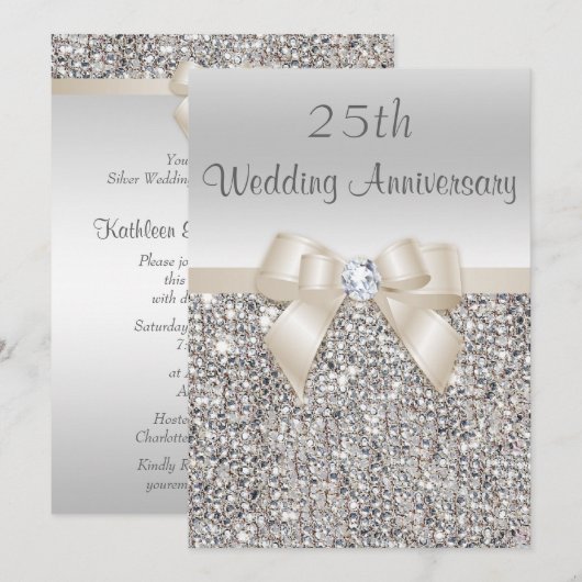 シルバー シャンパン 25周年 結婚記念日 シークインズ 招待状 (正面/裏面)
